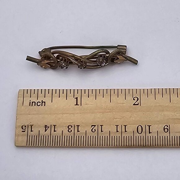 VTG Brooch Gold Tone Bar Rhinestone Antique Regencycore Leaf Accent Fairycore 2" - Picture 16 of 16